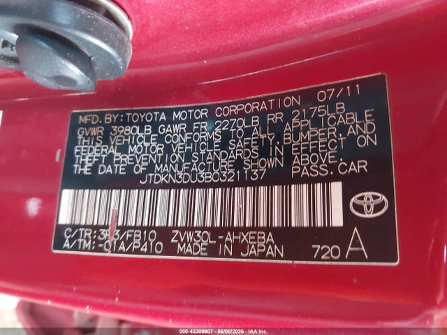 Продаж на аукціоні авто 2011 Toyota Prius, vin: JTDKN3DU3B0321137, номер лоту: 45309907