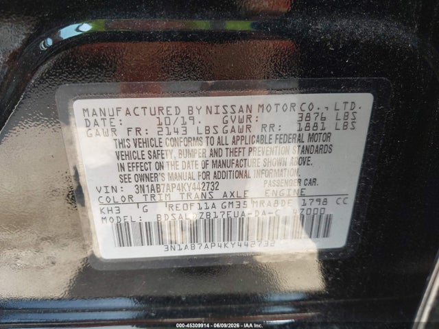 Продажа на аукционе авто 2019 Nissan Sentra Sv, vin: 3N1AB7AP4KY442732, номер лота: 45309914