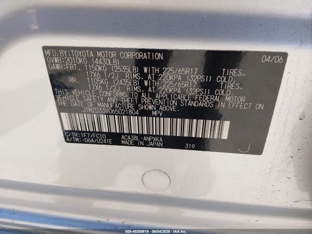 Продажа на аукционе авто 2006 Toyota Rav4, vin: JTMZD33V065021804, номер лота: 45309919