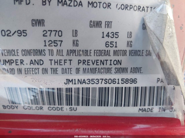 1995 Mazda Mx-5 Miata მანქანა იყიდება აუქციონზე, vin: JM1NA3537S0615896, აუქციონის ნომერი: 45309925