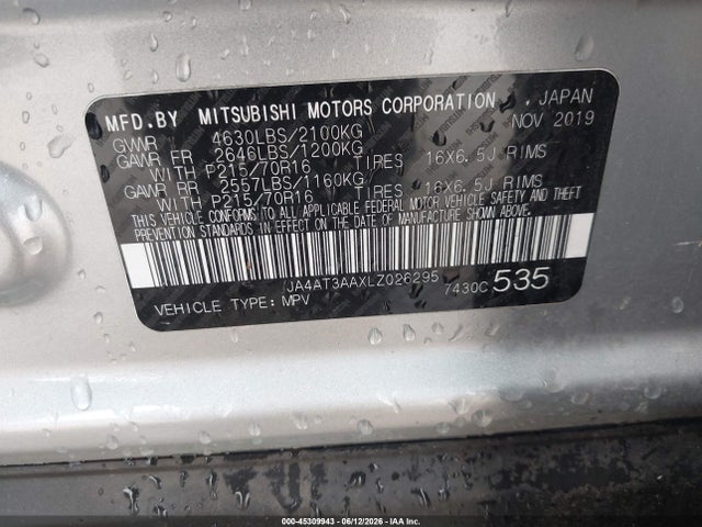 2020 Mitsubishi Eclipse Cross Es 1.5t Awc მანქანა იყიდება აუქციონზე, vin: JA4AT3AAXLZ026295, აუქციონის ნომერი: 45309943