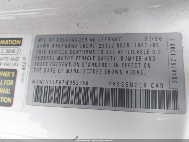Aukcja sprzedaży 2007 Volkswagen Gti 2-door (a6), vin: WVWFV71K67W052356, numer aukcji: 45309947
