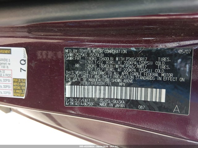 45309954 :رقم المزاد ، JTEBU11F870091711 vin ، 2007 Toyota Fj Cruiser مزاد بيع