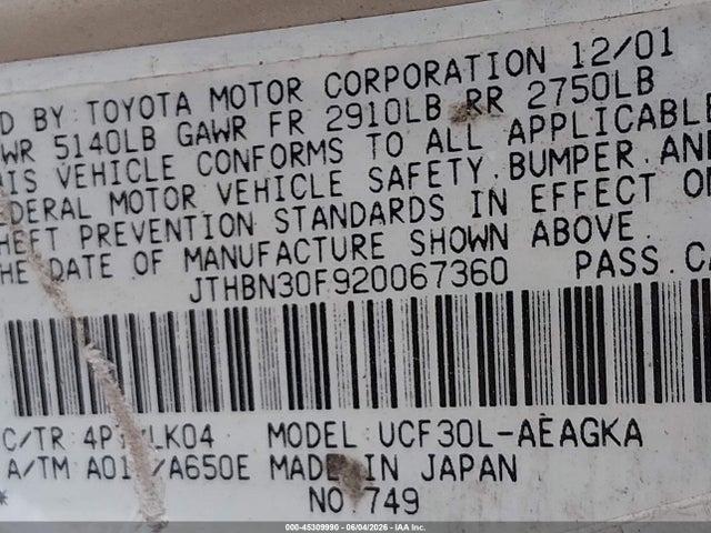 Продажа на аукционе авто 2002 Lexus Ls 430, vin: JTHBN30F920067360, номер лота: 45309990