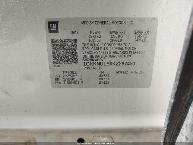 Aukcja sprzedaży 2019 Gmc Acadia Slt-1, vin: 1GKKNULS0KZ267480, numer aukcji: 45310000