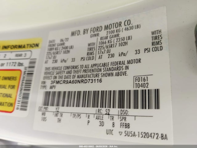 Aukcja sprzedaży 2022 Ford Bronco Sport, vin: 3FMCR9A60NRD73116, numer aukcji: 45310002