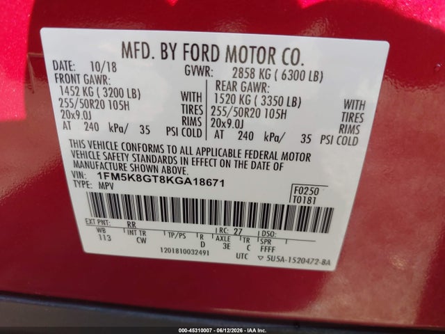 Продажа на аукционе авто 2019 Ford Explorer Sport, vin: 1FM5K8GT8KGA18671, номер лота: 45310007