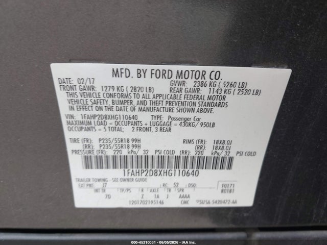 45310031 :رقم المزاد ، 1FAHP2D8XHG110640 vin ، 2017 Ford Taurus Se مزاد بيع
