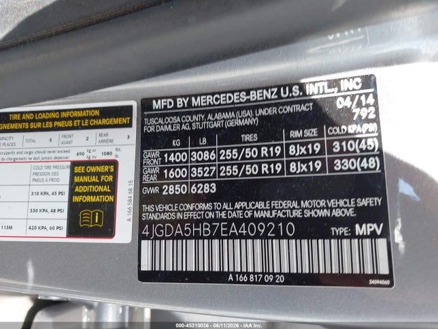 Продаж на аукціоні авто 2014 Mercedes-benz Ml 350 4matic, vin: 4JGDA5HB7EA409210, номер лоту: 45310036