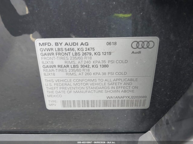 45310067 :رقم المزاد ، WA1ANAFYXJ2202689 vin ، 2018 Audi Q5 2.0t Premium/2.0t Tech Premium مزاد بيع