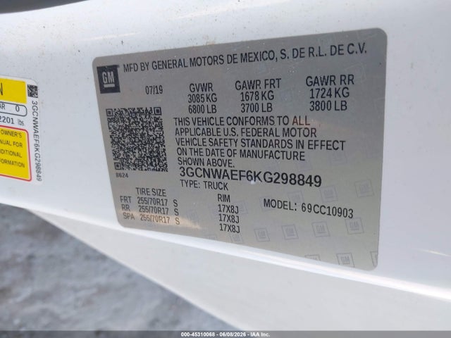 Aukcja sprzedaży 2019 Chevrolet Silverado 1500 Work Truck, vin: 3GCNWAEF6KG298849, numer aukcji: 45310068