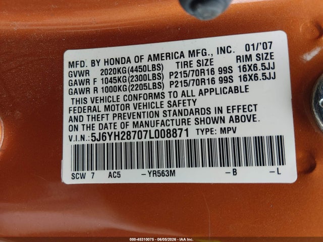 Aukcja sprzedaży 2007 Honda Element Ex, vin: 5J6YH28707L008871, numer aukcji: 45310075