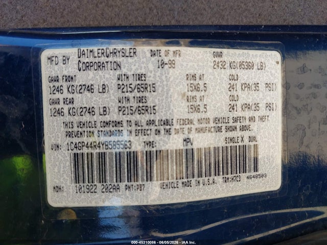 Продаж на аукціоні авто 2000 Chrysler Town & Country Lx, vin: 1C4GP44R4YB585563, номер лоту: 45310086