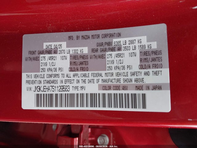 Продаж на аукціоні авто 2025 Mazda Cx-70 Phev Premium Plus Package, vin: JM3KJEHA7S1129583, номер лоту: 45310096