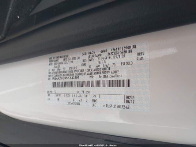 Aukcja sprzedaży 2025 Ford Transit-350 Passenger Van Xlt, vin: 1FBAX2YG9SKA43891, numer aukcji: 45310097