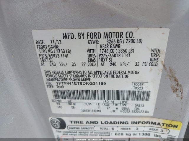 2013 Ford F-150 Lariat მანქანა იყიდება აუქციონზე, vin: 1FTFW1ET8DKG31199, აუქციონის ნომერი: 45310101