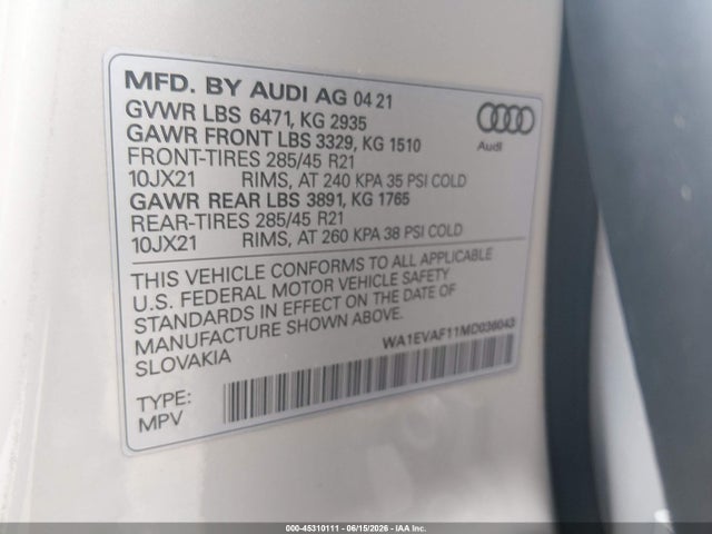 Aukcja sprzedaży 2021 Audi Q8 Premium Plus 55 Tfsi Quattro Tiptronic, vin: WA1EVAF11MD036043, numer aukcji: 45310111