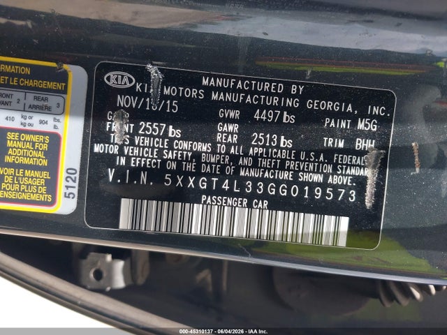 Aukcja sprzedaży 2016 Kia Optima Lx, vin: 5XXGT4L33GG019573, numer aukcji: 45310137