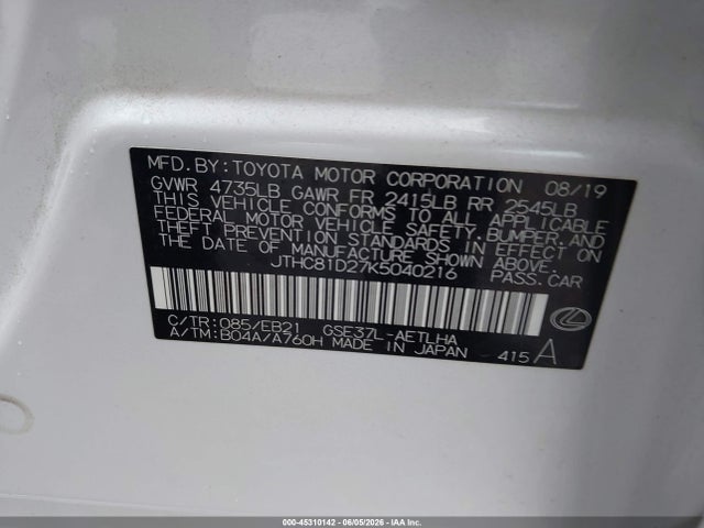 Aukcja sprzedaży 2019 Lexus Is 300, vin: JTHC81D27K5040216, numer aukcji: 45310142