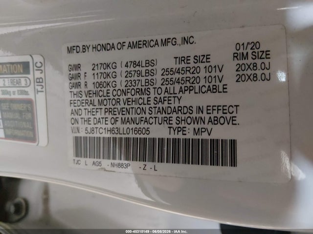 2020 Acura Rdx A-spec Package მანქანა იყიდება აუქციონზე, vin: 5J8TC1H63LL016605, აუქციონის ნომერი: 45310149