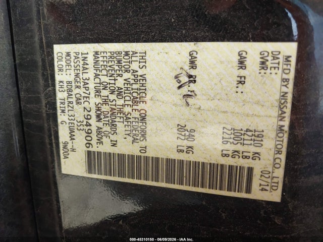 Nissan Altima 2.5 S 2014 1N4AL3AP7EC294906 Image 9