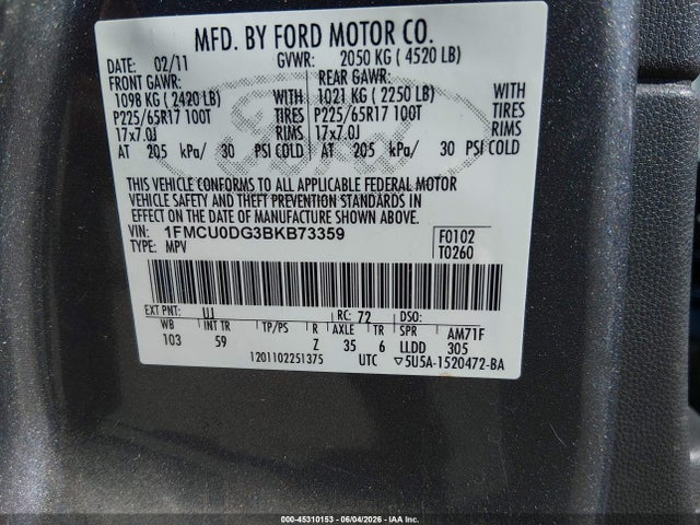 Aukcja sprzedaży 2011 Ford Escape Xlt, vin: 1FMCU0DG3BKB73359, numer aukcji: 45310153