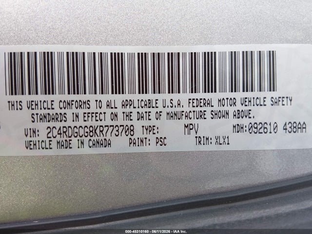 45310160 :رقم المزاد ، 2C4RDGCG8KR773708 vin ، 2019 Dodge Grand Caravan Sxt مزاد بيع