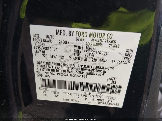 Продажа на аукционе авто 2011 Ford Escape Xlt, vin: 1FMCU9DG4BKA67183, номер лота: 45310163