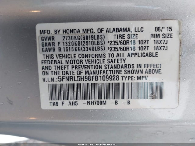 Aukcja sprzedaży 2015 Honda Odyssey Touring/touring Elite, vin: 5FNRL5H98FB109928, numer aukcji: 45310181