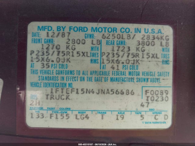 1988 Ford F150 მანქანა იყიდება აუქციონზე, vin: 1FTEF15N4JNA56686, აუქციონის ნომერი: 45310187