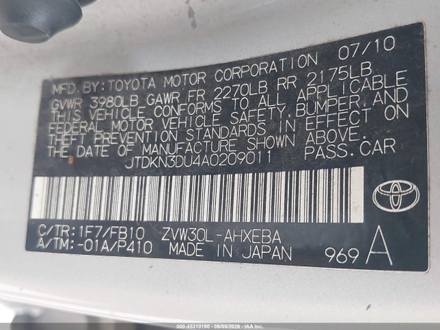 Продажа на аукционе авто 2010 Toyota Prius Ii, vin: JTDKN3DU4A0209011, номер лота: 45310190