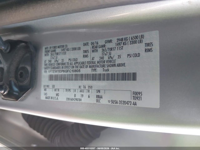 45310207 :رقم المزاد ، 1FTEW1EP6GFC10805 vin ، 2016 Ford F-150 Xl مزاد بيع