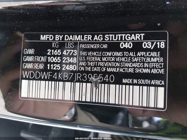 Aukcja sprzedaży 2018 Mercedes-benz C 300 4matic, vin: WDDWF4KB7JR395540, numer aukcji: 45310223