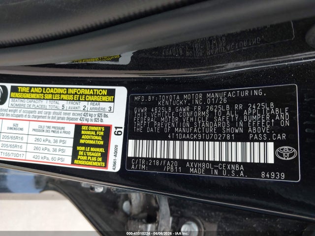 Продаж на аукціоні авто 2026 Toyota Camry Le, vin: 4T1DAACK9TU702781, номер лоту: 45310224