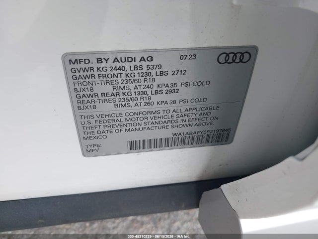 2023 Audi Q5 Premium 40 Tfsi Quattro S Tronic მანქანა იყიდება აუქციონზე, vin: WA1ABAFY2P2197845, აუქციონის ნომერი: 45310229