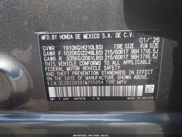 Auction sale of the 2026 Honda Hr-v Awd Lx, vin: 3CZRZ2H30TM755054, lot number: 45310232