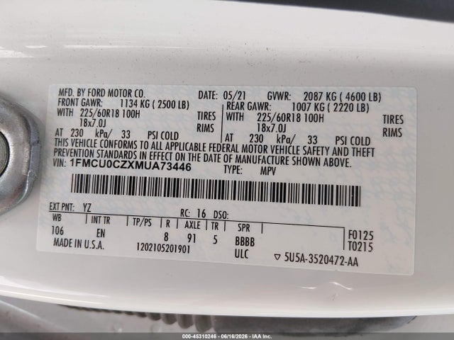 Aukcja sprzedaży 2021 Ford Escape Sel Hybrid, vin: 1FMCU0CZXMUA73446, numer aukcji: 45310246