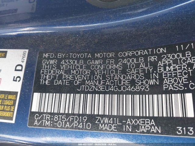 Aukcja sprzedaży 2016 Toyota Prius V Two, vin: JTDZN3EU4GJ046893, numer aukcji: 45310257