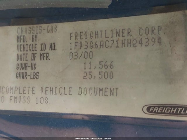45310262 :رقم المزاد ، 1FV3G6AC71HH24394 vin ، 2001 Freightliner Medium Conventional Fl60 مزاد بيع