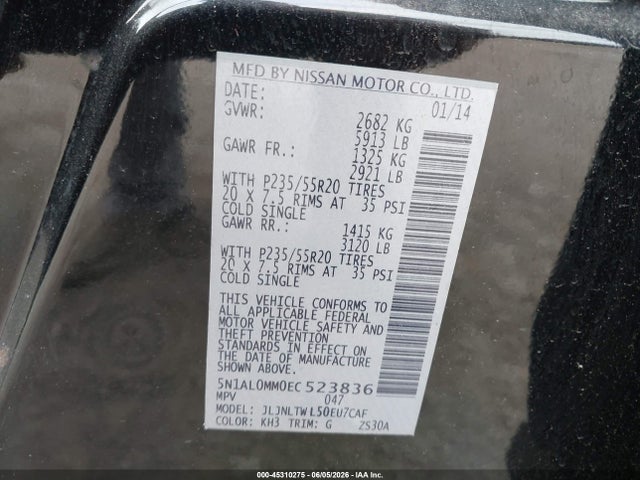 Aukcja sprzedaży 2014 Infiniti Qx60, vin: 5N1AL0MM0EC523836, numer aukcji: 45310275