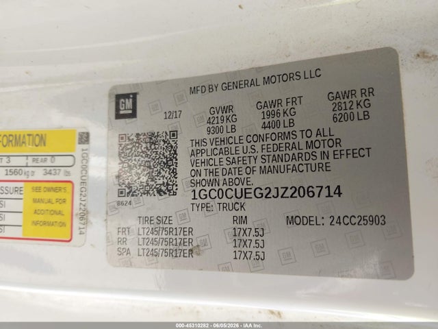 Aukcja sprzedaży 2018 Chevrolet Silverado 2500hd Work Truck, vin: 1GC0CUEG2JZ206714, numer aukcji: 45310282