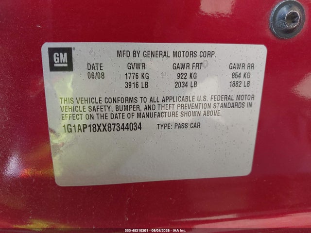 Aukcja sprzedaży 2008 Chevrolet Cobalt Ss, vin: 1G1AP18XX87344034, numer aukcji: 45310301