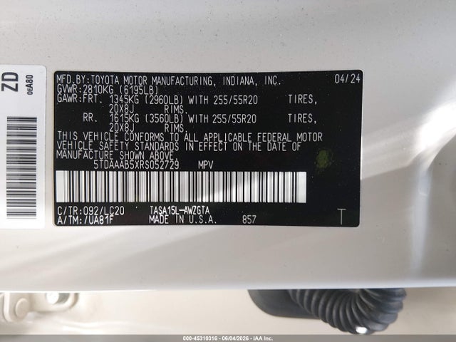 Aukcja sprzedaży 2024 Toyota Grand Highlander Limited, vin: 5TDAAAB5XRS052729, numer aukcji: 45310316