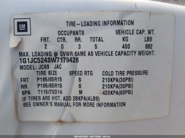 Aukcja sprzedaży 1998 Chevrolet Cavalier, vin: 1G1JC5243W7179426, numer aukcji: 45310333