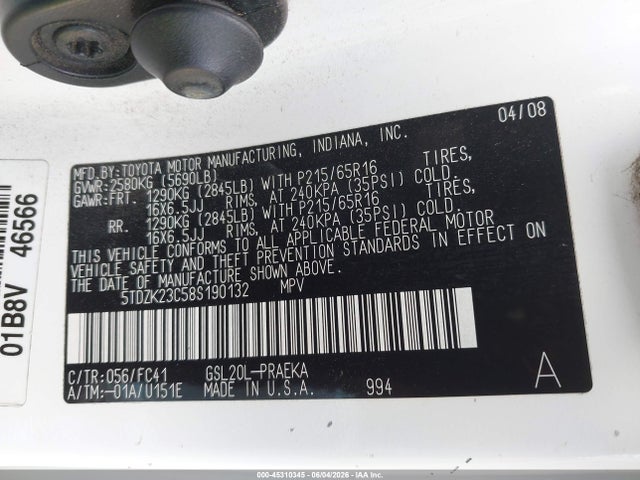 Продаж на аукціоні авто 2008 Toyota Sienna Le, vin: 5TDZK23C58S190132, номер лоту: 45310345
