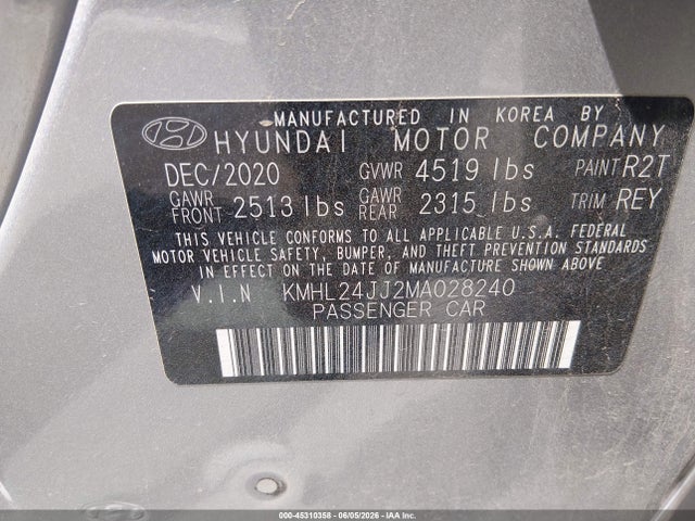 45310358 :رقم المزاد ، KMHL24JJ2MA028240 vin ، 2021 Hyundai Sonata Blue مزاد بيع