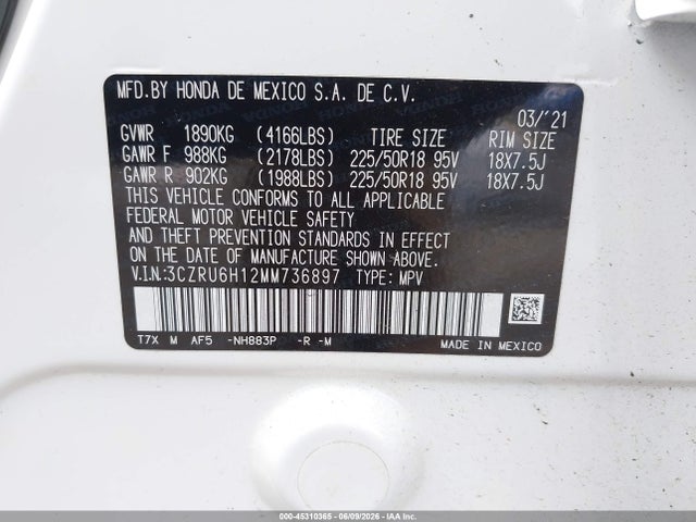 3CZRU6H12MM736897 Honda Hr-v Awd Sport