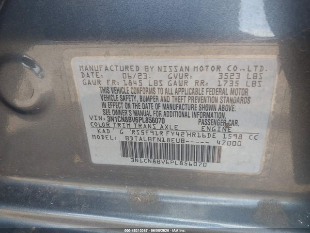 Продаж на аукціоні авто 2023 Nissan Versa S 5-speed Manual Transmission, vin: 3N1CN8BV6PL856070, номер лоту: 45310367
