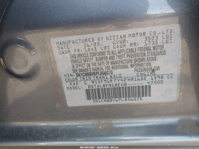 Продаж на аукціоні авто 2023 Nissan Versa S 5-speed Manual Transmission, vin: 3N1CN8BV6PL856070, номер лоту: 45310367