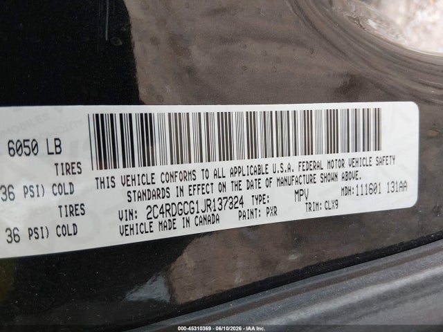 Aukcja sprzedaży 2018 Dodge Grand Caravan Sxt, vin: 2C4RDGCG1JR137324, numer aukcji: 45310369